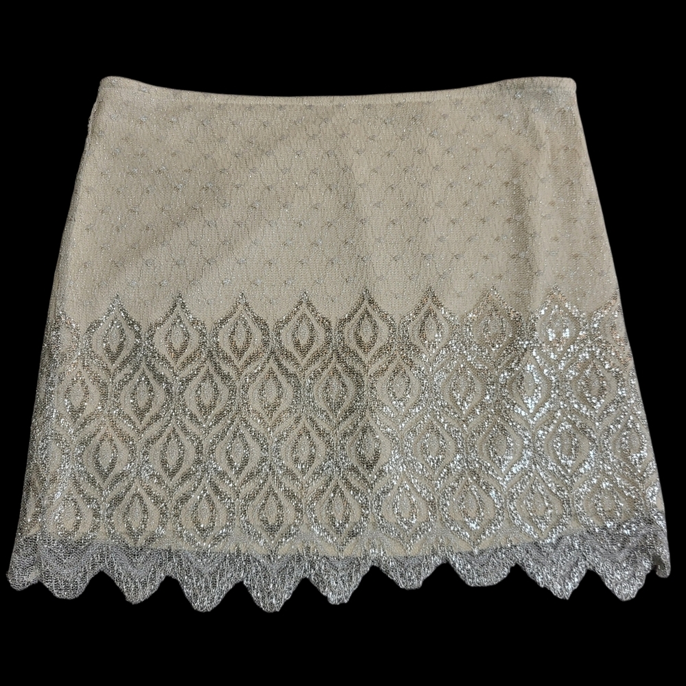 Free People Mini Lurex Skirt Sz 12 Ivory Silver Metallic Overlay Lace Glam Party